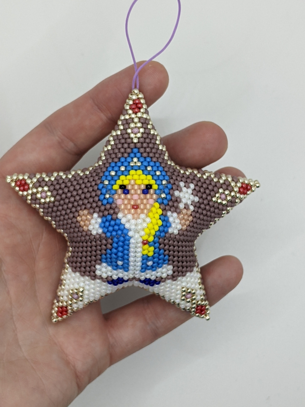 Handmade Beaded Star Ornament - Purple and Blue Snow Maiden